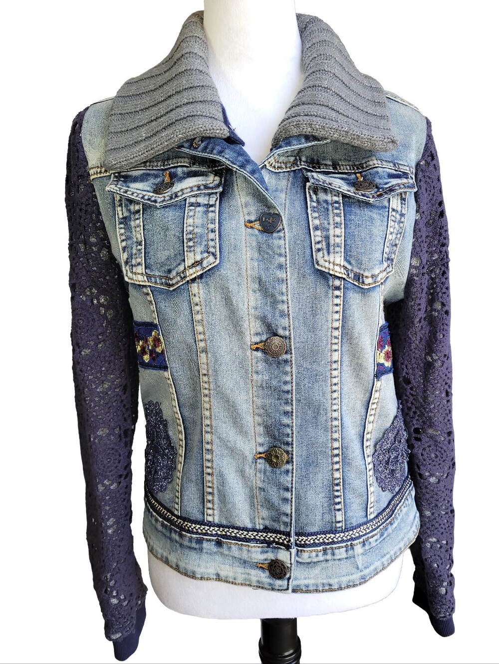 Desigual Denim Jacket Crochet Sleeves Removable Knit Collar Boho size 40 EU